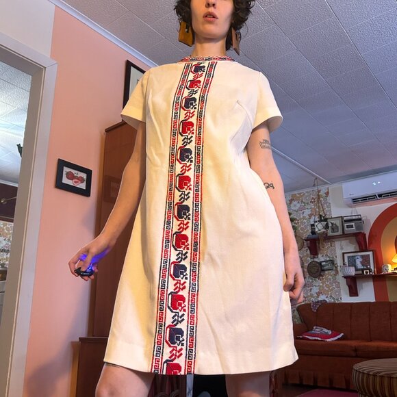1960s MOD amy adams knits 60s mod embrodiered stripe hippie white dress! - Picture 1 of 16